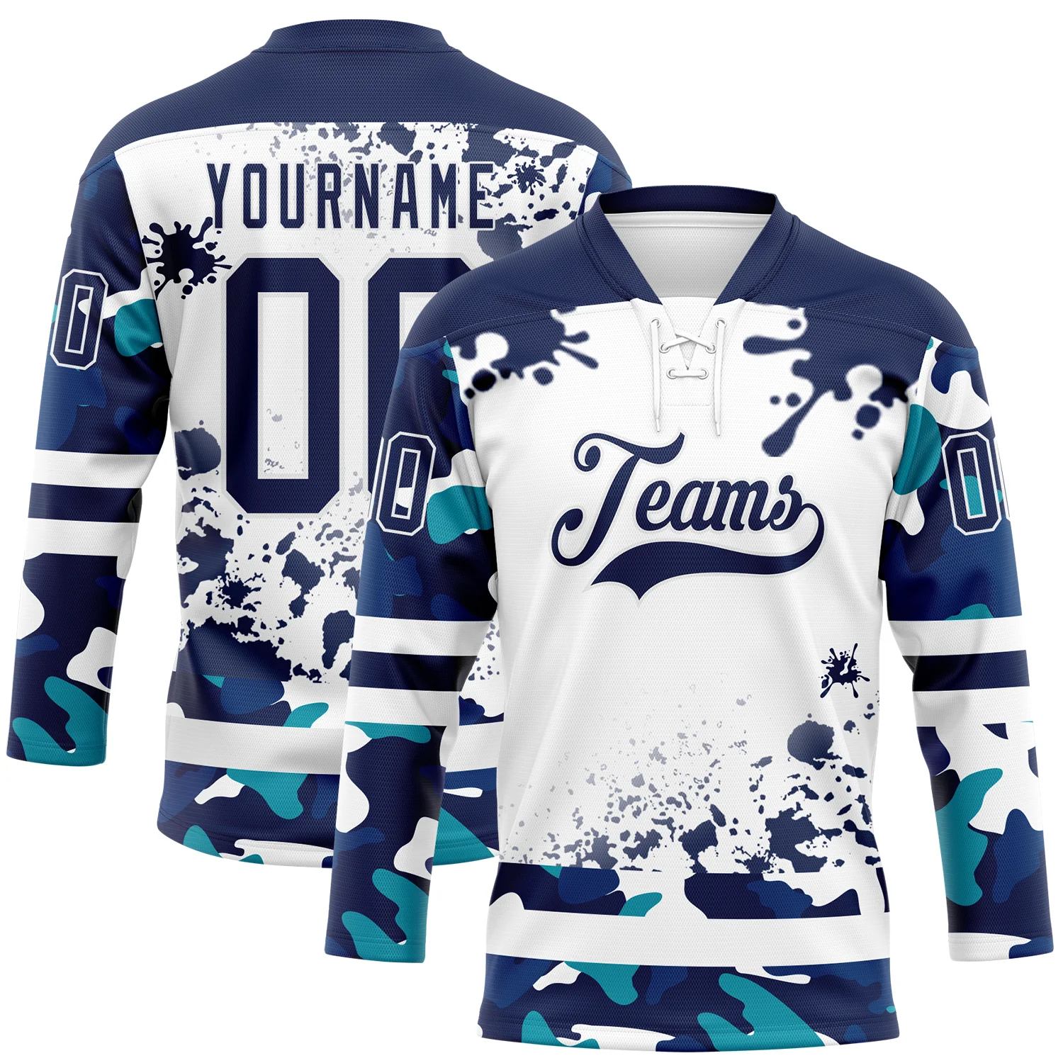 Custom Camo Navy-White Splash Hockey Lace Neck Jersey