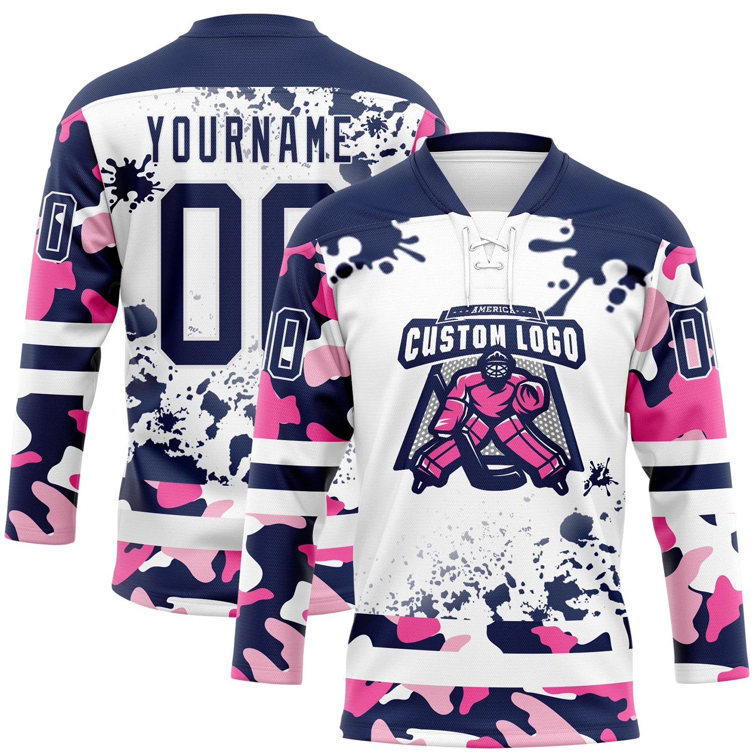 Custom Camo Navy-White Splash Hockey Lace Neck Jersey - Image 2