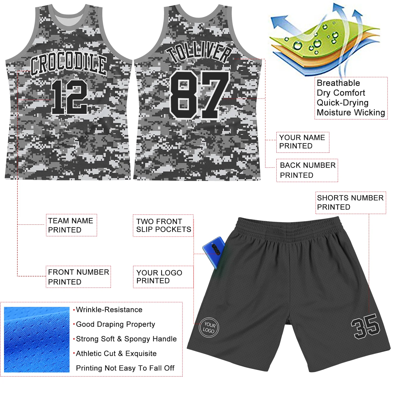 Custom Camo Black-White Round Neck Sublimation Salute To Service Basketball Suit Jersey - Image 3