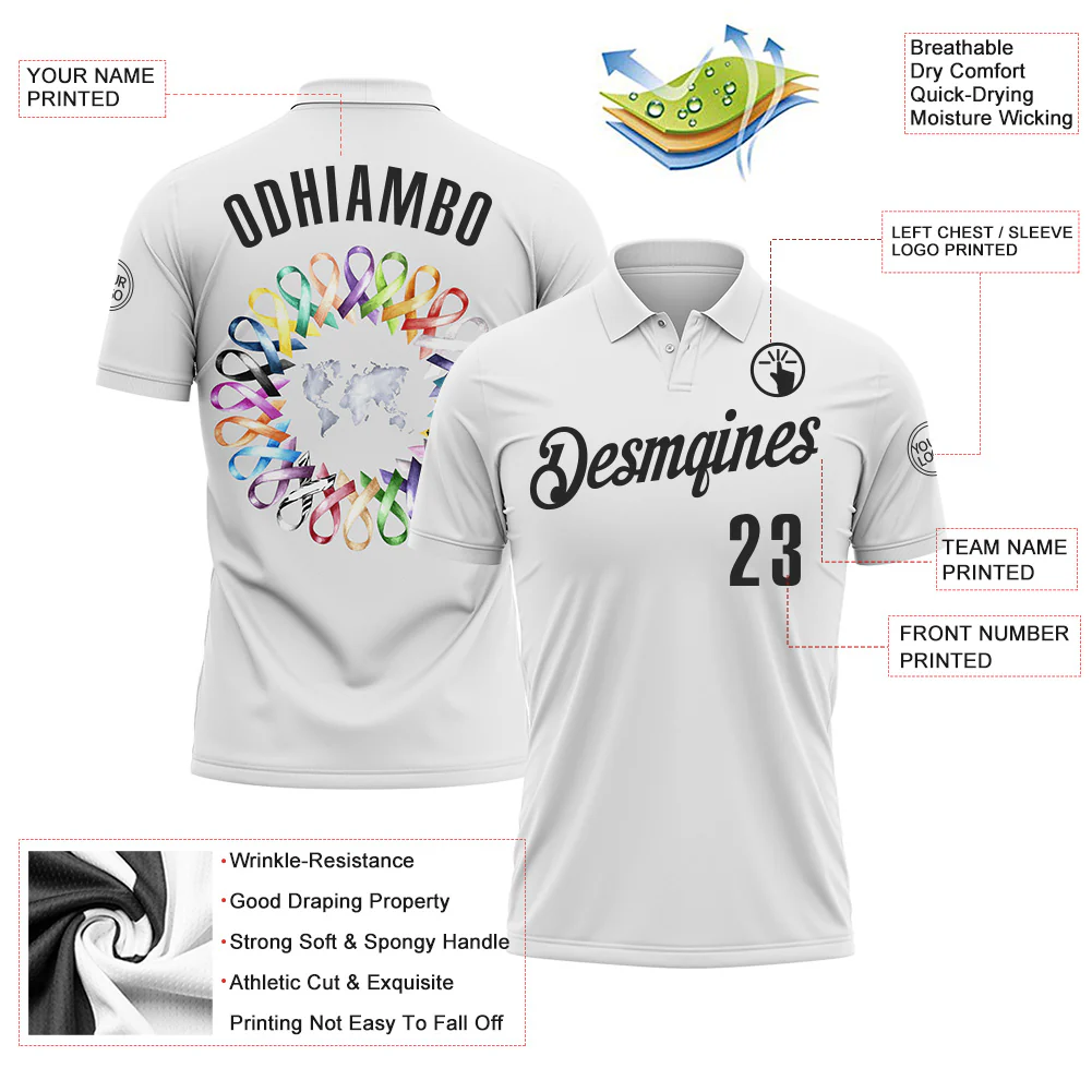 Custom White Black 3D Pattern Design Ribbon Cancer Awareness World Cancer Day Performance Polo Shirt - Image 3