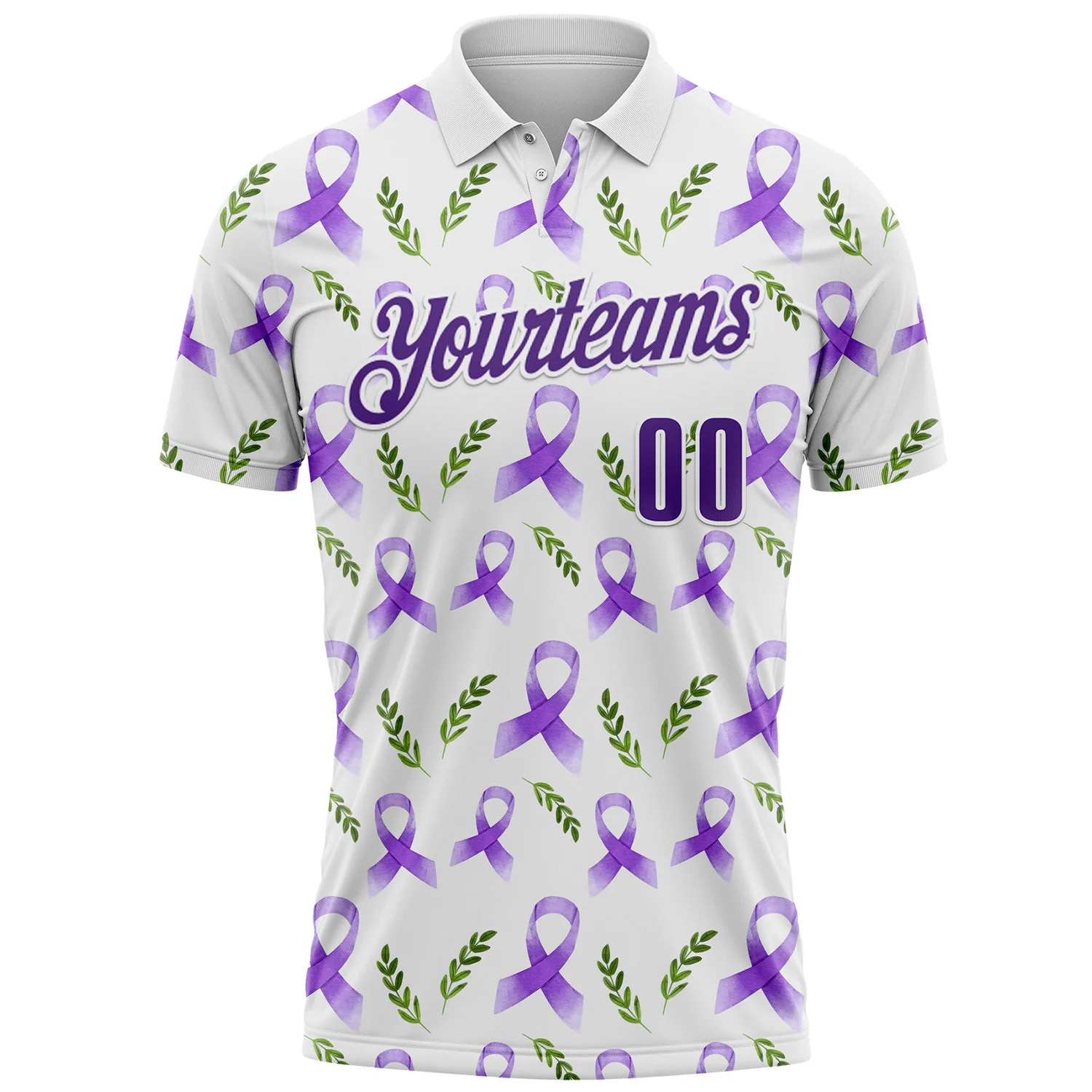 Custom White Purple 3D Pattern Design Purple Ribbon Pancreatic Cancer Awareness Performance Polo Shirt - Image 2