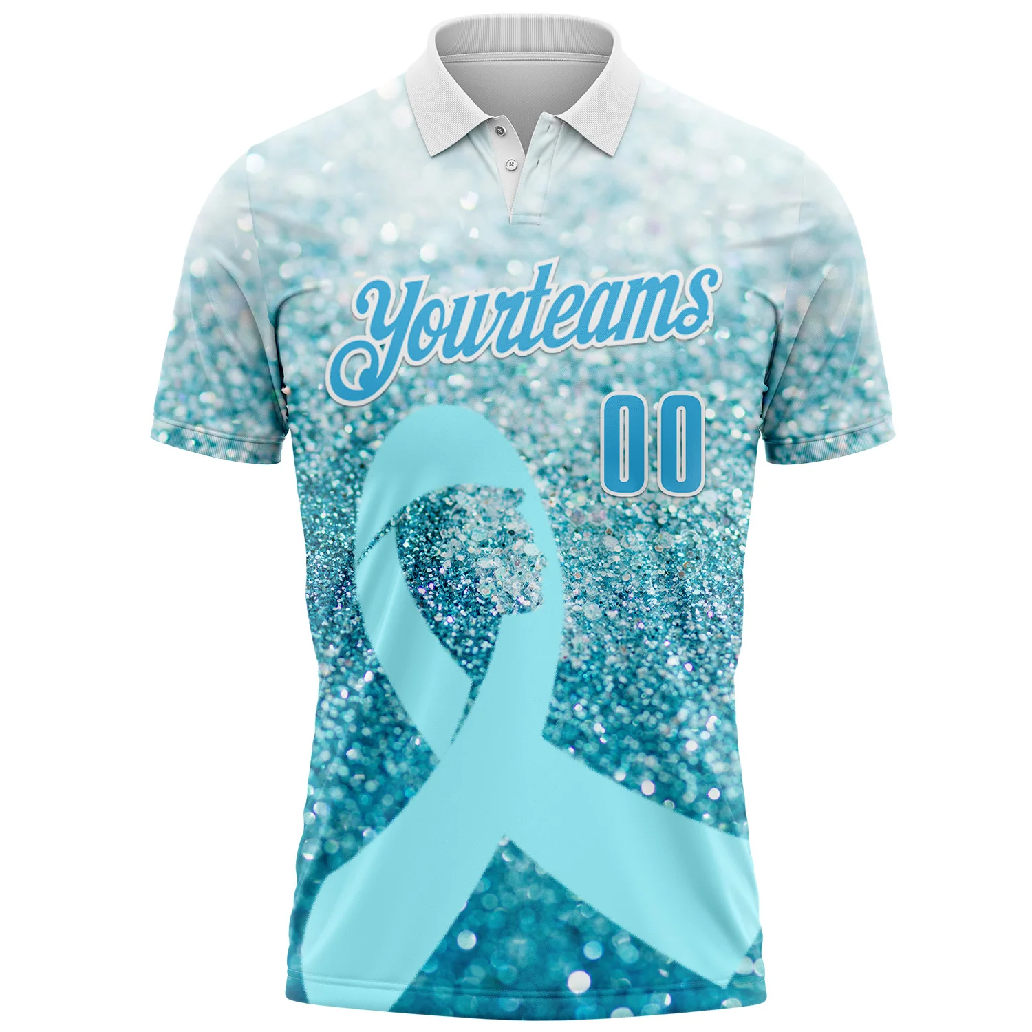 Custom White Sky Blue 3D Pattern Design Light Blue Ribbon Prostate Cancer Awareness Sprinkle Performance Polo Shirt - Image 2