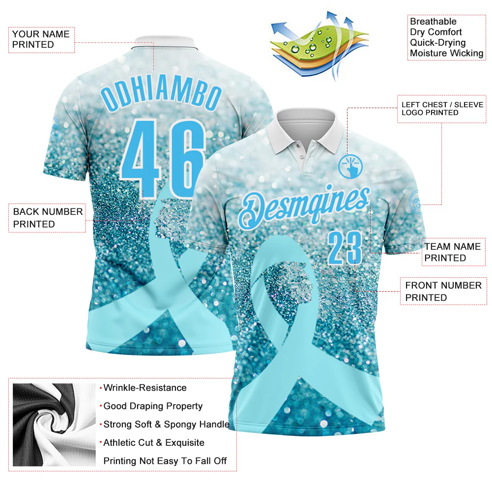 Custom White Sky Blue 3D Pattern Design Light Blue Ribbon Prostate Cancer Awareness Sprinkle Performance Polo Shirt - Image 3