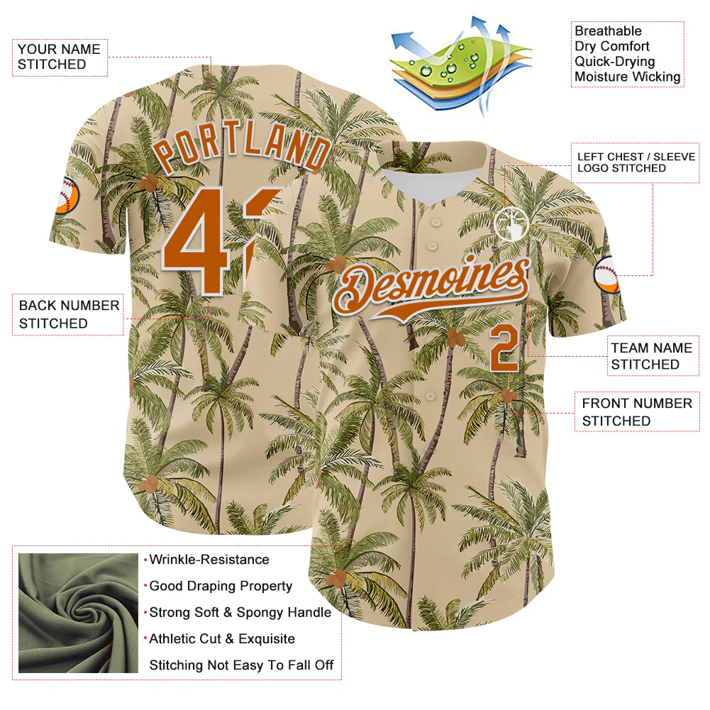 Custom City Cream Texas Orange-White 3D Hawaii Tropical Coconut Tree Authentic Baseball Jersey - Image 3