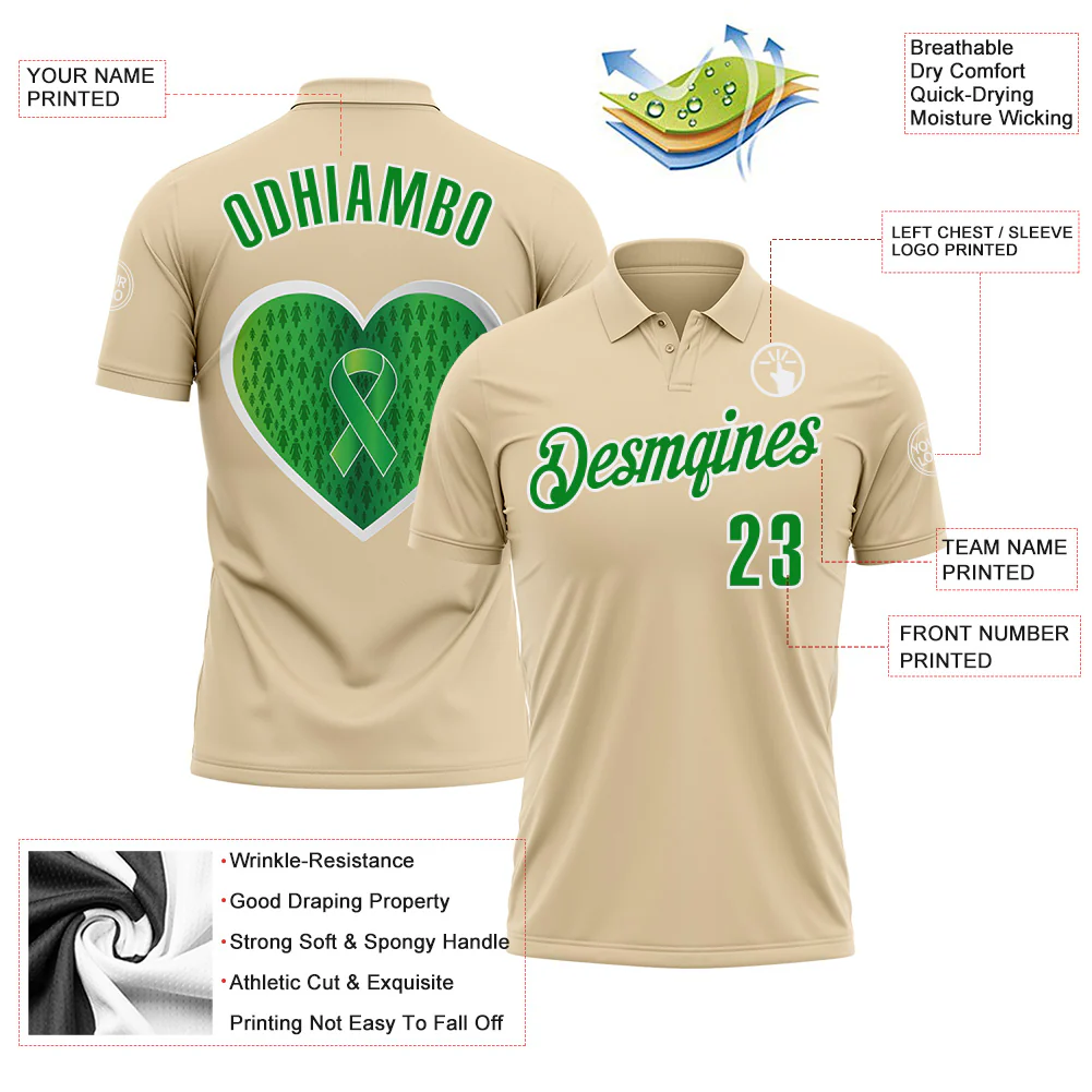 Custom City Cream Grass Green-White 3D Pattern Design Green Ribbon Liver Cancer Heart Performance Polo Shirt - Image 3