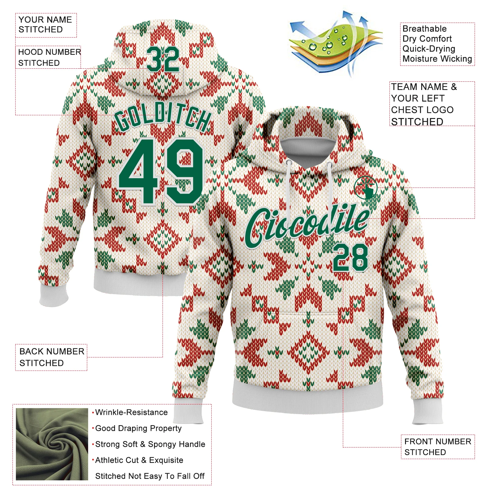 Custom Stitched City Cream Kelly Green-White 3D Christmas Sports Pullover Sweatshirt Hoodie - Image 2