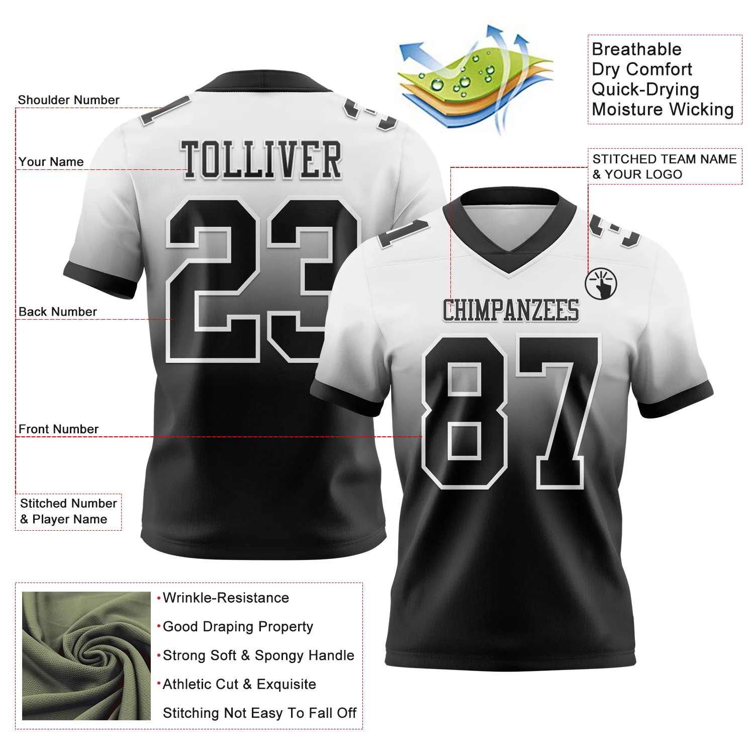 Custom White Black Authentic Fade Fashion Football Jersey - Image 2