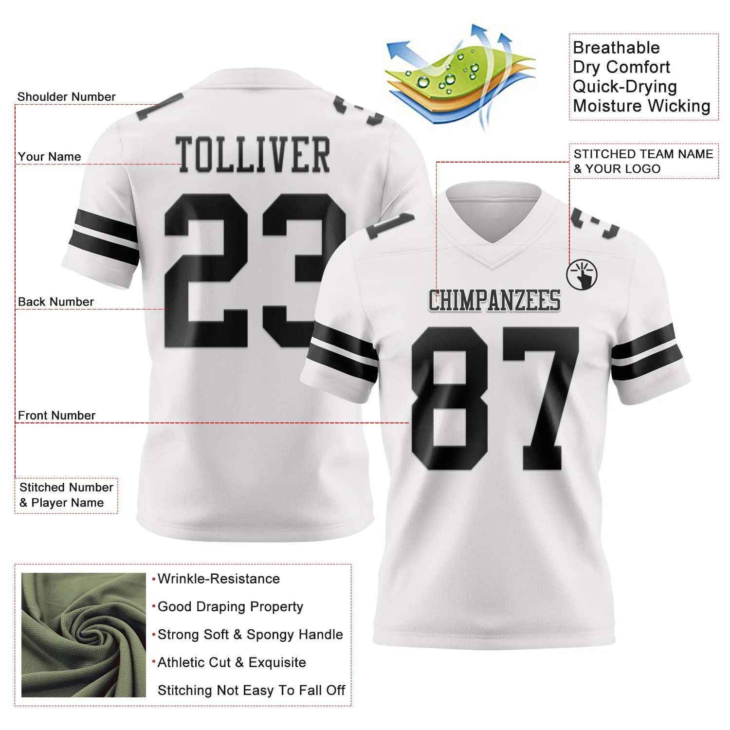 Custom White Black Authentic Football Jersey - Image 3