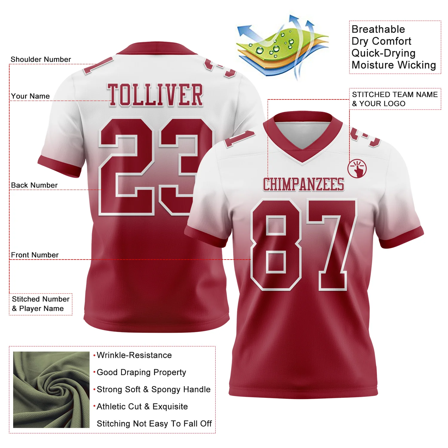 Custom White Cardinal Authentic Fade Fashion Football Jersey - Image 2