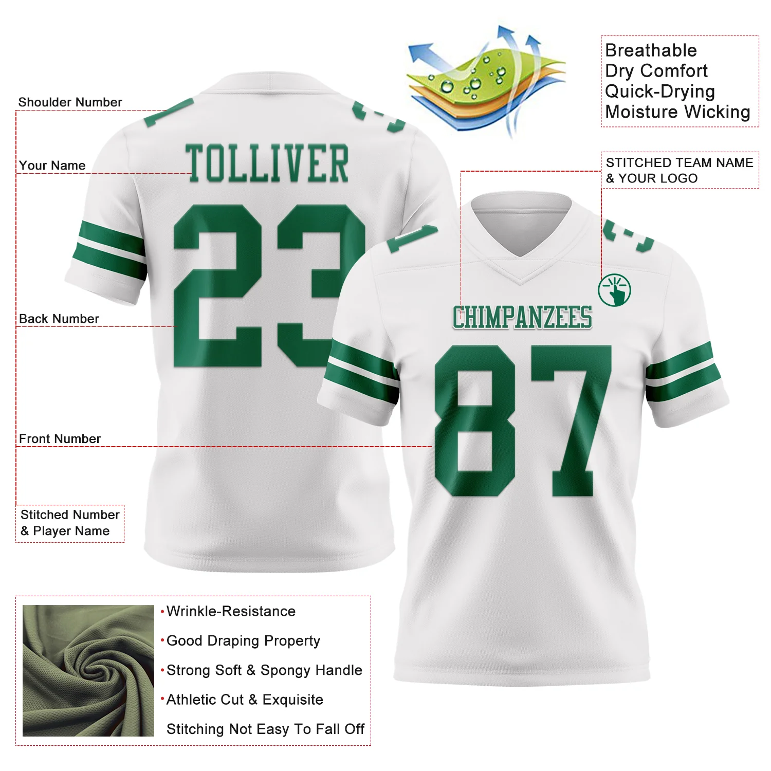 Custom White Kelly Green Authentic Football Jersey - Image 3