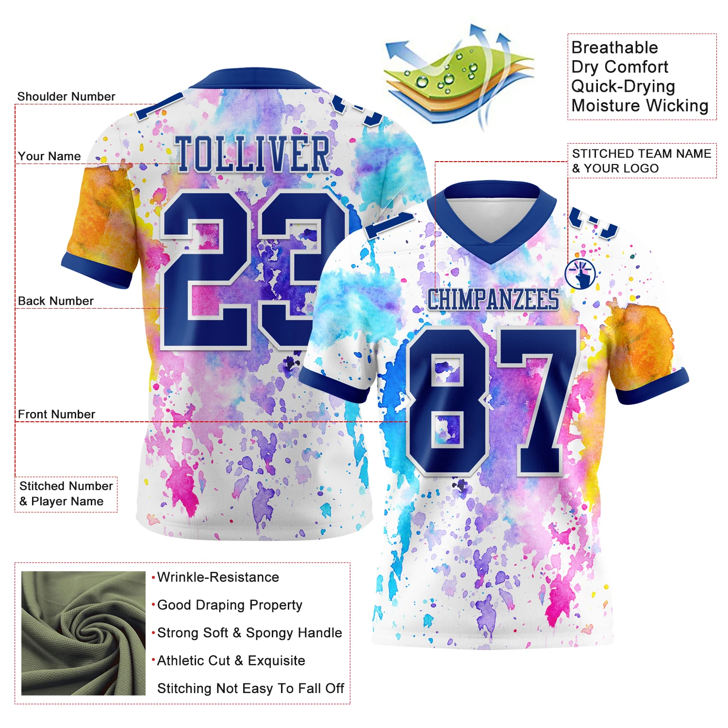 Custom White Royal 3D Pattern Watercolor Splash Authentic Football Jersey - Image 3