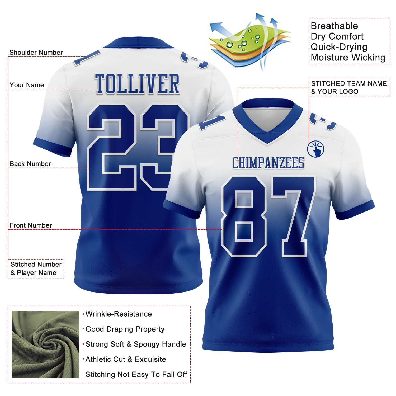 Custom White Royal Authentic Fade Fashion Football Jersey - Image 2