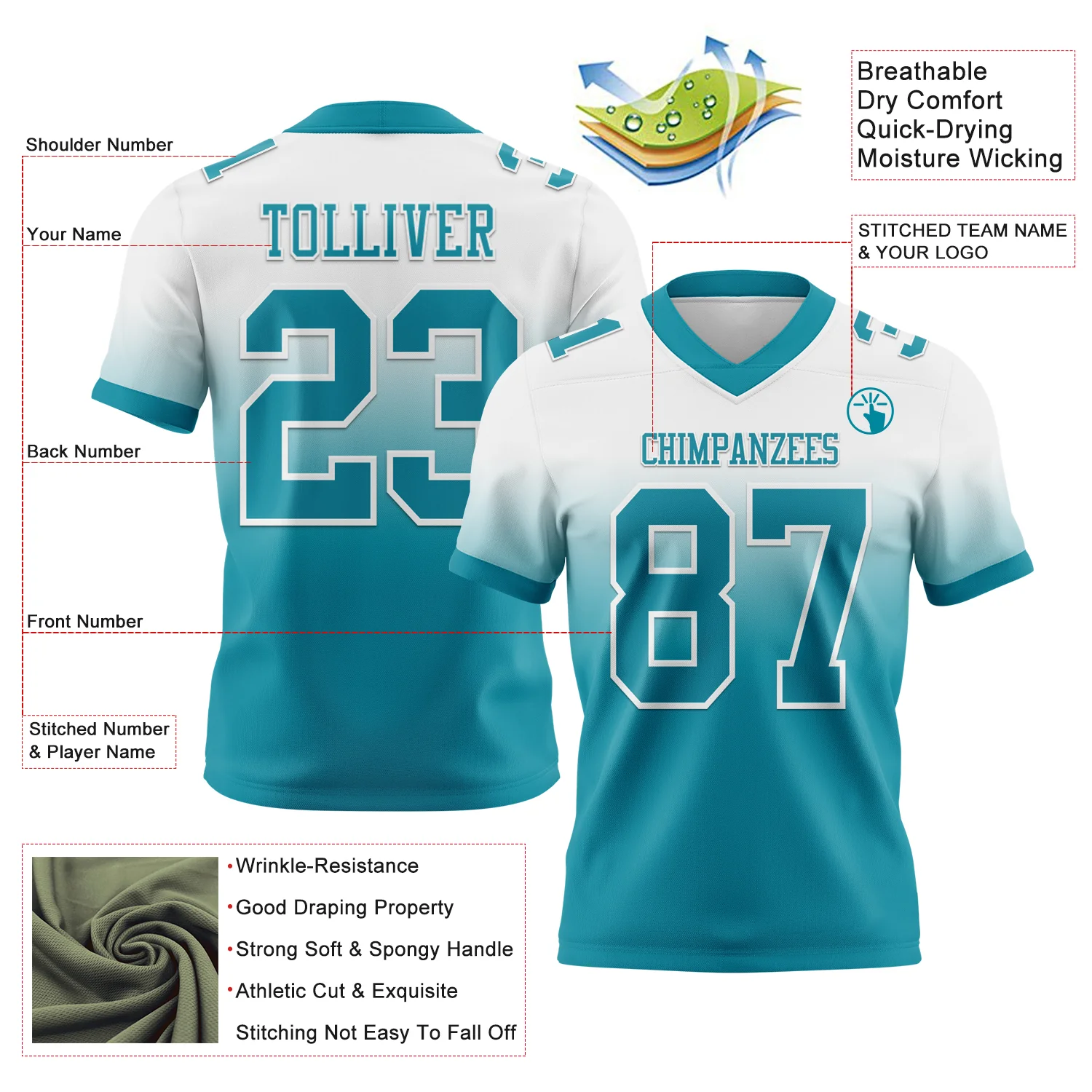 Custom White Teal Authentic Fade Fashion Football Jersey - Image 2