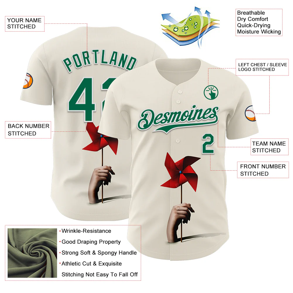 Custom Cream Kelly Green-White 3D Marcel Caram Red Weathervane Authentic Baseball Jersey - Image 3