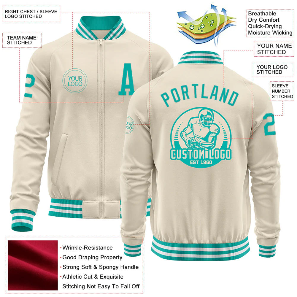 Custom Cream Aqua-White Bomber Varsity Letterman Zipper Jacket - Image 4
