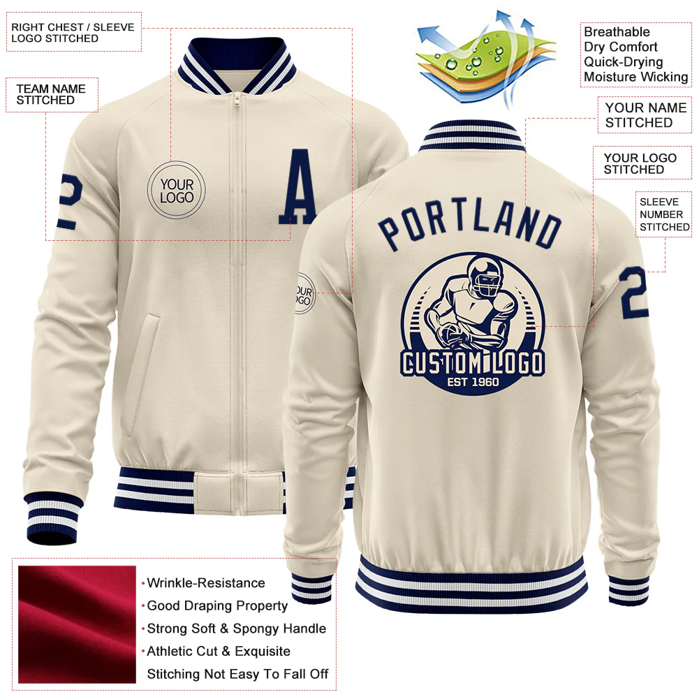 Custom Cream Navy-White Bomber Varsity Letterman Zipper Jacket - Image 4