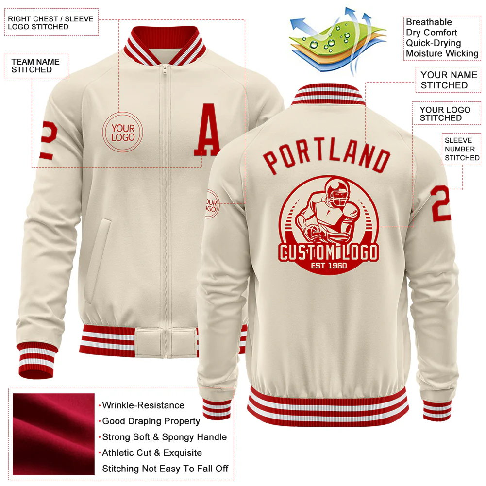 Custom Cream Red-White Bomber Varsity Letterman Zipper Jacket - Image 4