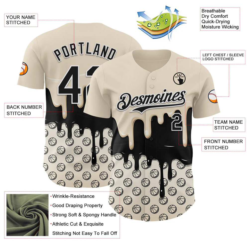 Custom Cream Black-White Foodie Dripping Ice Cream Authentic Baseball Jersey - Image 3