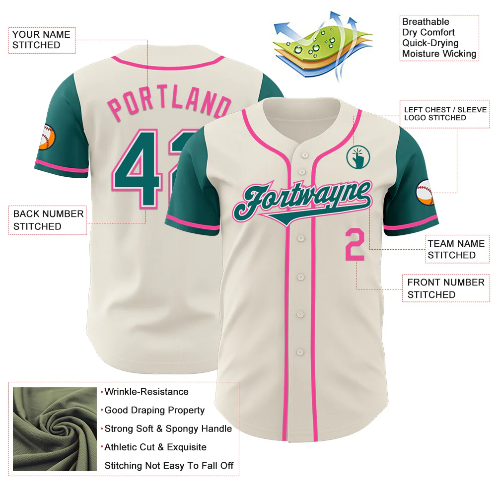 Custom Cream Teal White-Pink Authentic Two Tone Baseball Jersey - Image 3