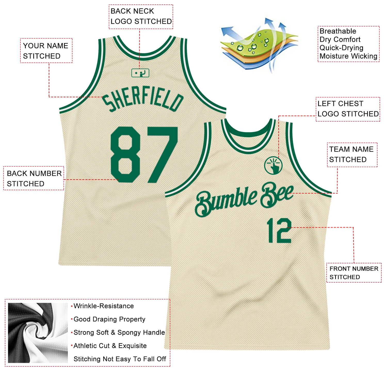 Custom Cream Kelly Green-White Authentic Throwback Basketball Jersey - Image 2