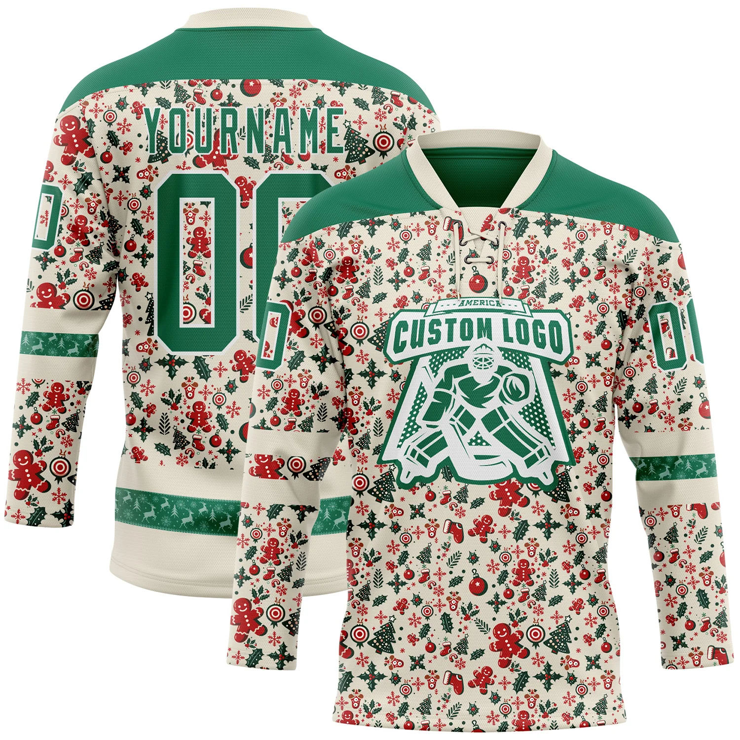 Custom Cream Kelly Green-White 3D Christmas Hockey Lace Neck Jersey - Image 2