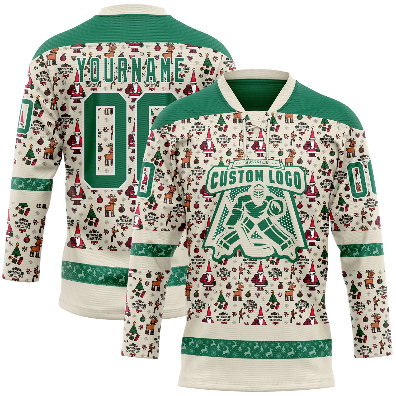 Custom Cream Kelly Green-White 3D Christmas Hockey Lace Neck Jersey - Image 2