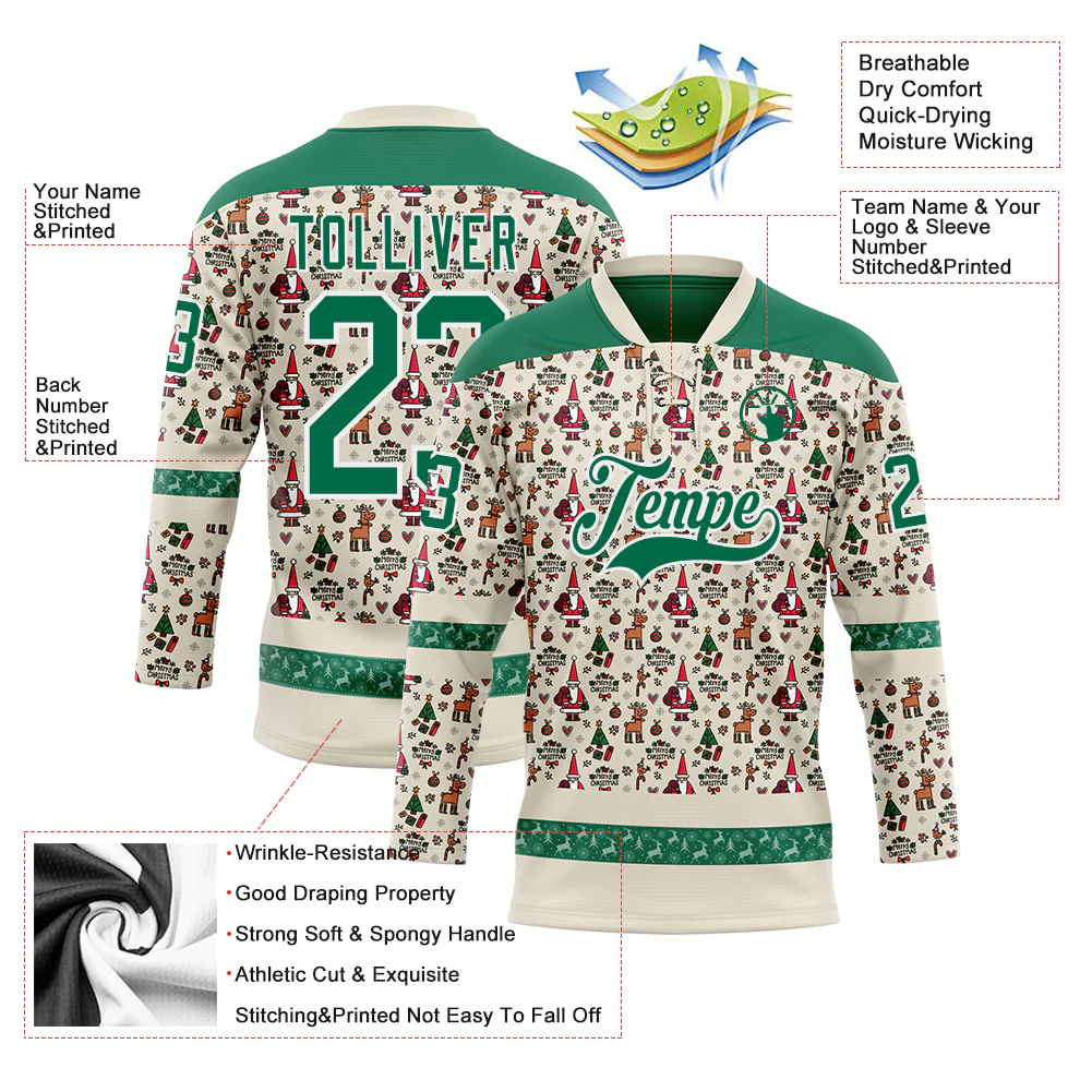 Custom Cream Kelly Green-White 3D Christmas Hockey Lace Neck Jersey - Image 3