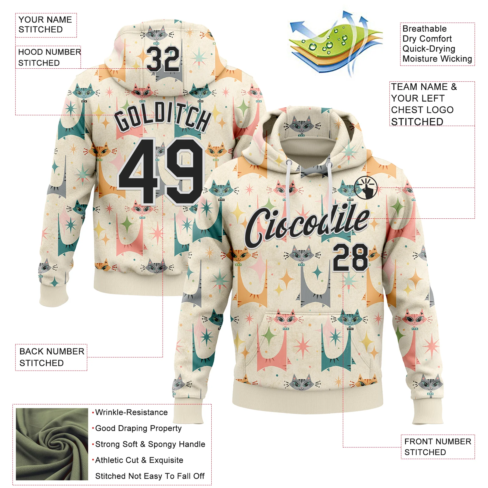 Custom Stitched Cream Black-White 3D Emi Bee MCM Cats Sports Pullover Sweatshirt Hoodie - Image 2