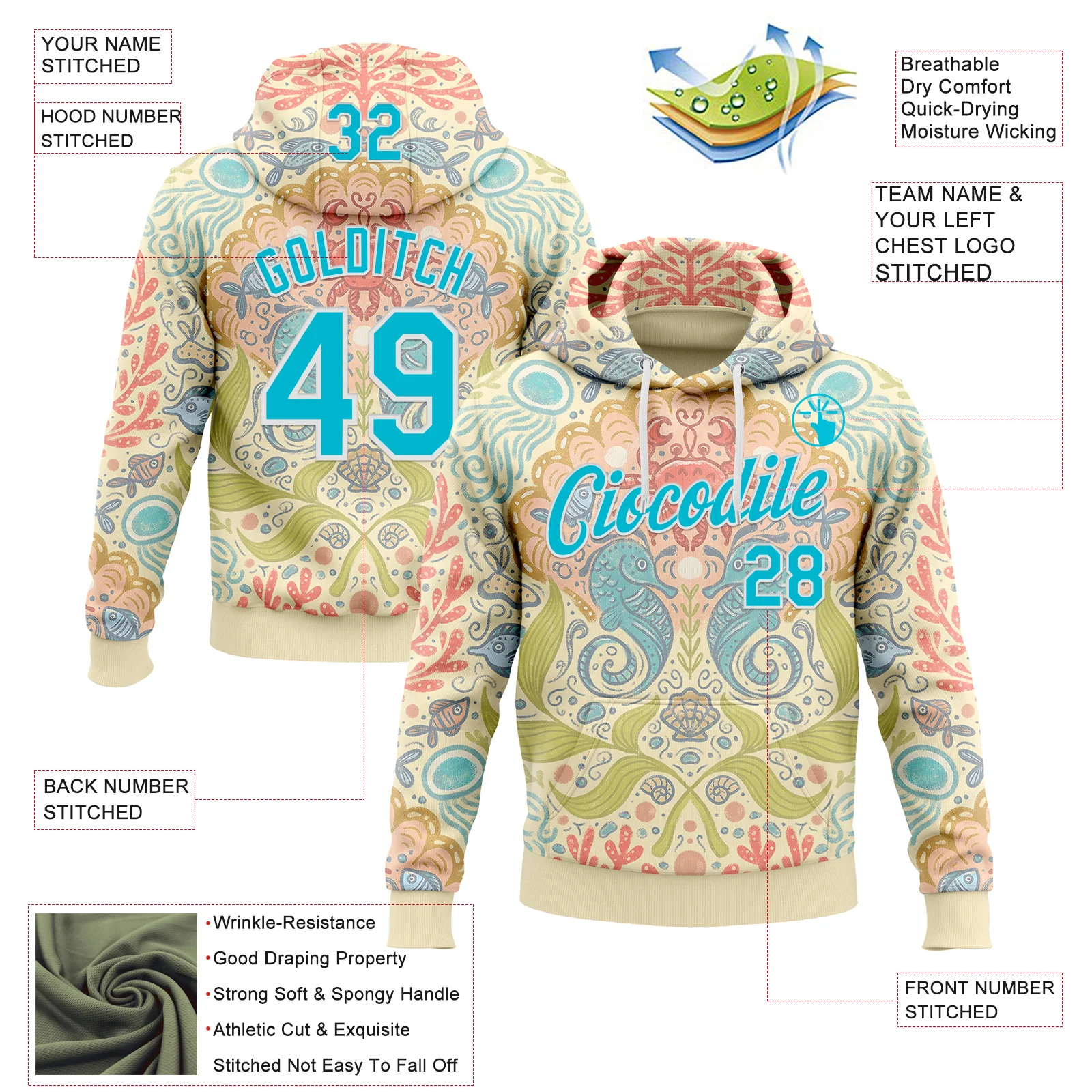 Custom Stitched Cream Lakes Blue-White 3D Emi Bee Seahorse Symphony Sports Pullover Sweatshirt Hoodie - Image 2