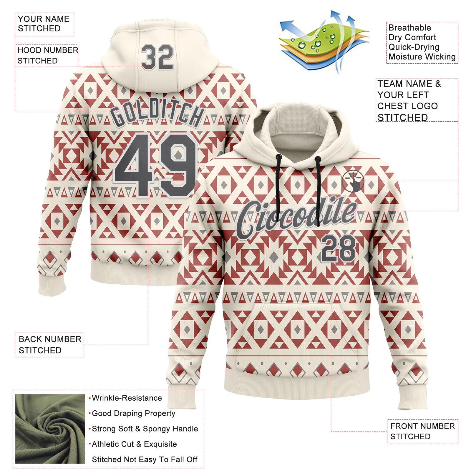 Custom Stitched Cream Steel Gray-White 3D Pattern Design Tribal Ethnic Native American Sports Pullover Sweatshirt Hoodie - Image 2