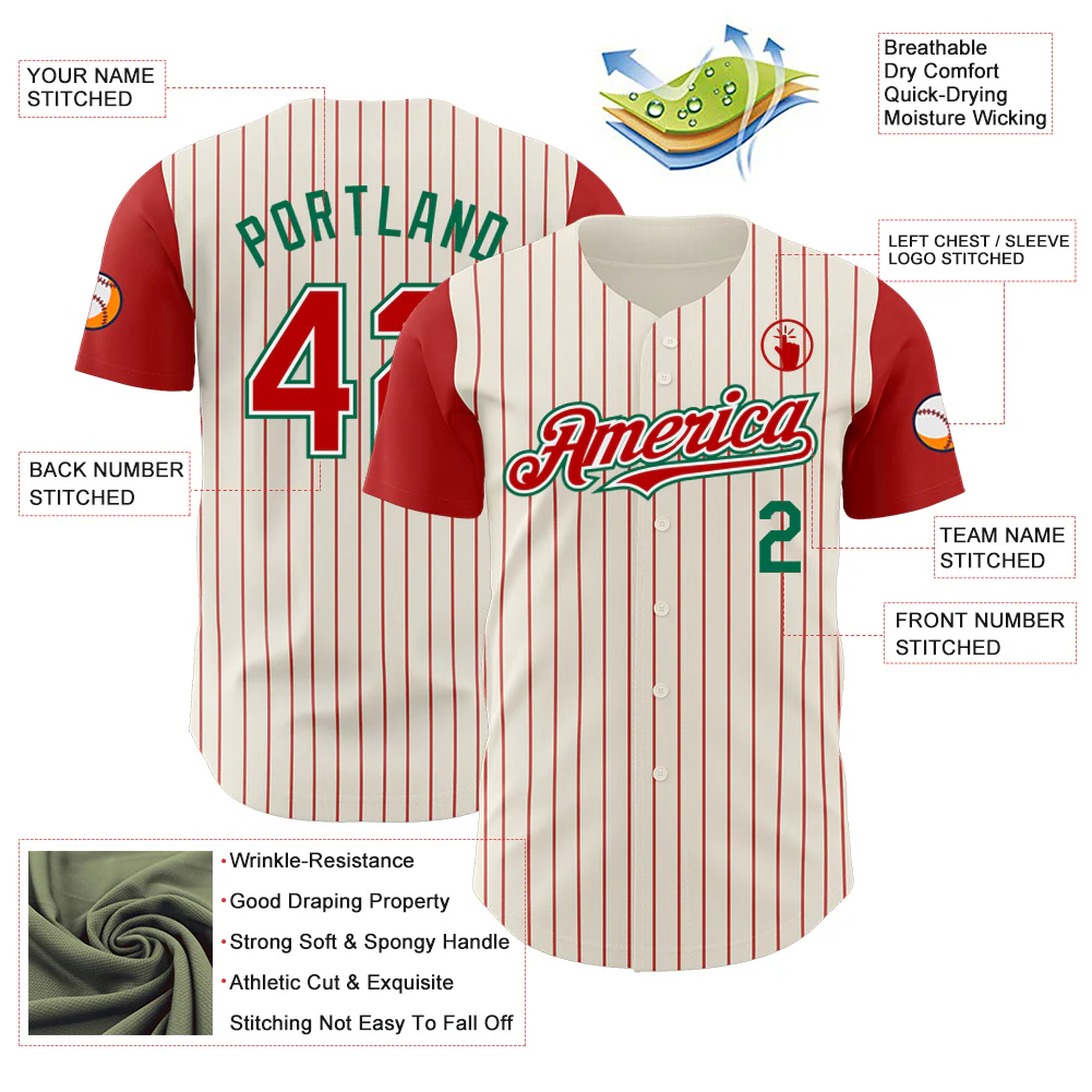 Custom Cream Red Pinstripe White-Kelly Green Authentic Two Tone Baseball Jersey - Image 3