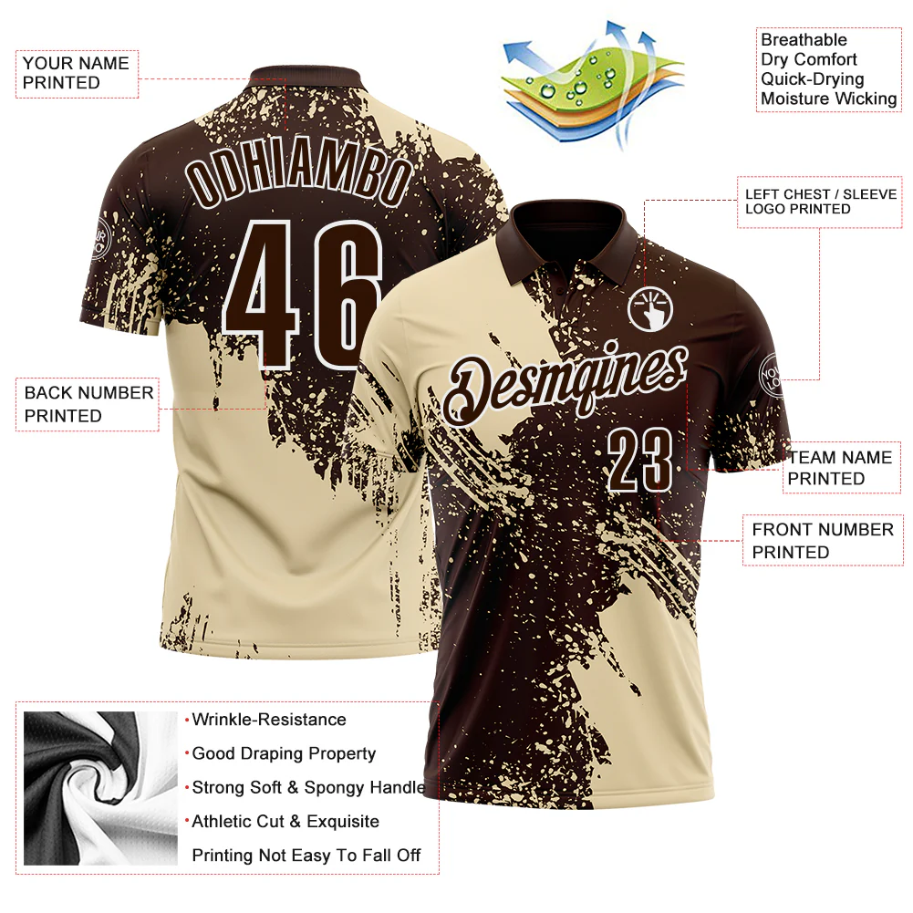 Custom Cream Brown-White 3D Pattern Design Abstract Brush Stroke Performance Polo Shirt - Image 3