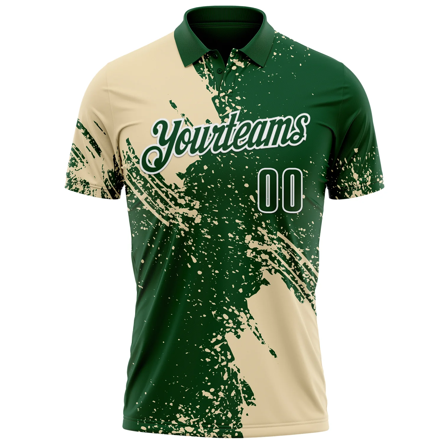 Custom Cream Green-White 3D Pattern Design Abstract Brush Stroke Performance Polo Shirt - Image 2