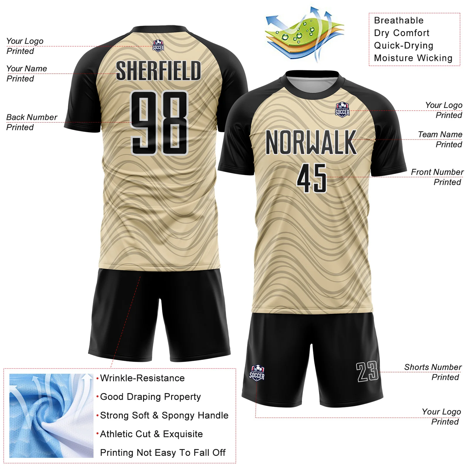 Custom Cream Black-White Wavy Lines Sports Sublimation Soccer Uniform Jersey - Image 4