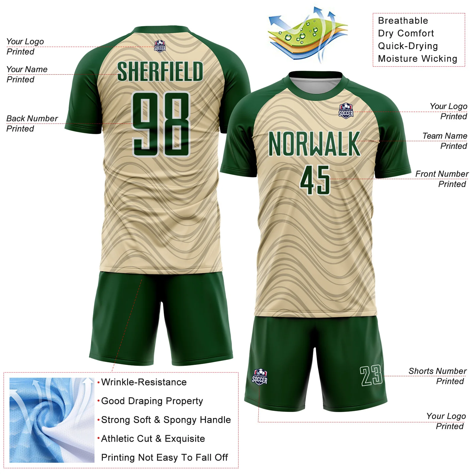 Custom Cream Green-White Wavy Lines Sports Sublimation Soccer Uniform Jersey - Image 4
