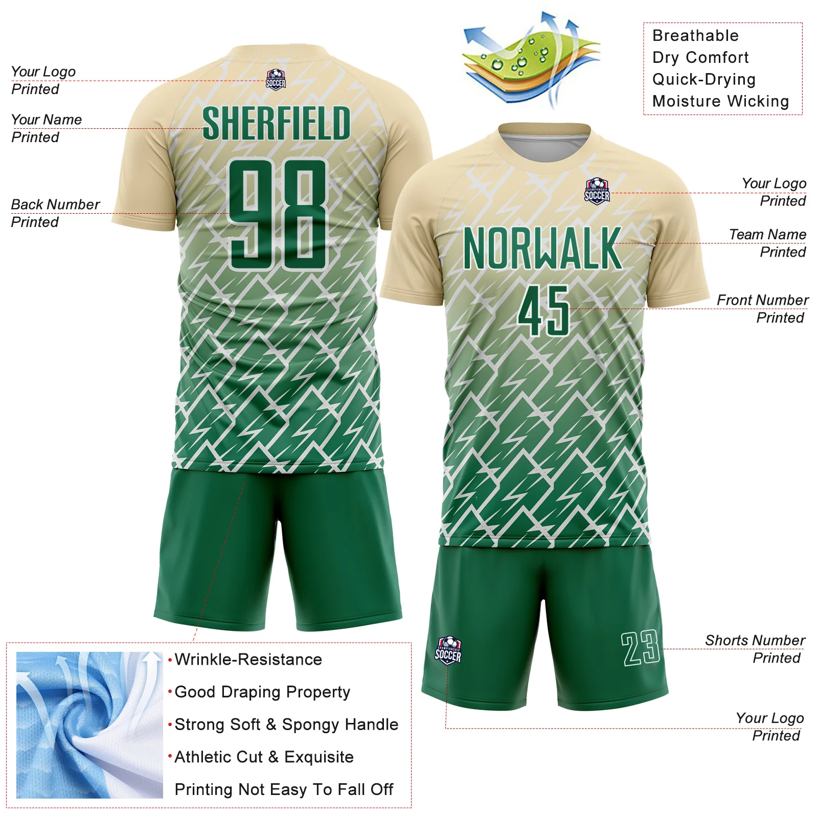 Custom Cream Kelly Green-White Lightning Sports Sublimation Soccer Uniform Jersey - Image 4