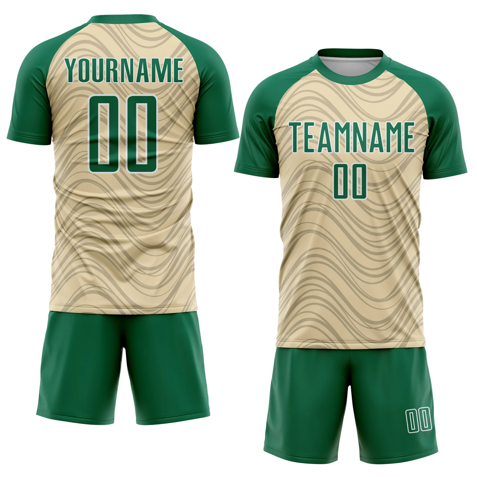 Custom Cream Kelly Green-White Wavy Lines Sports Sublimation Soccer Uniform Jersey - Image 2
