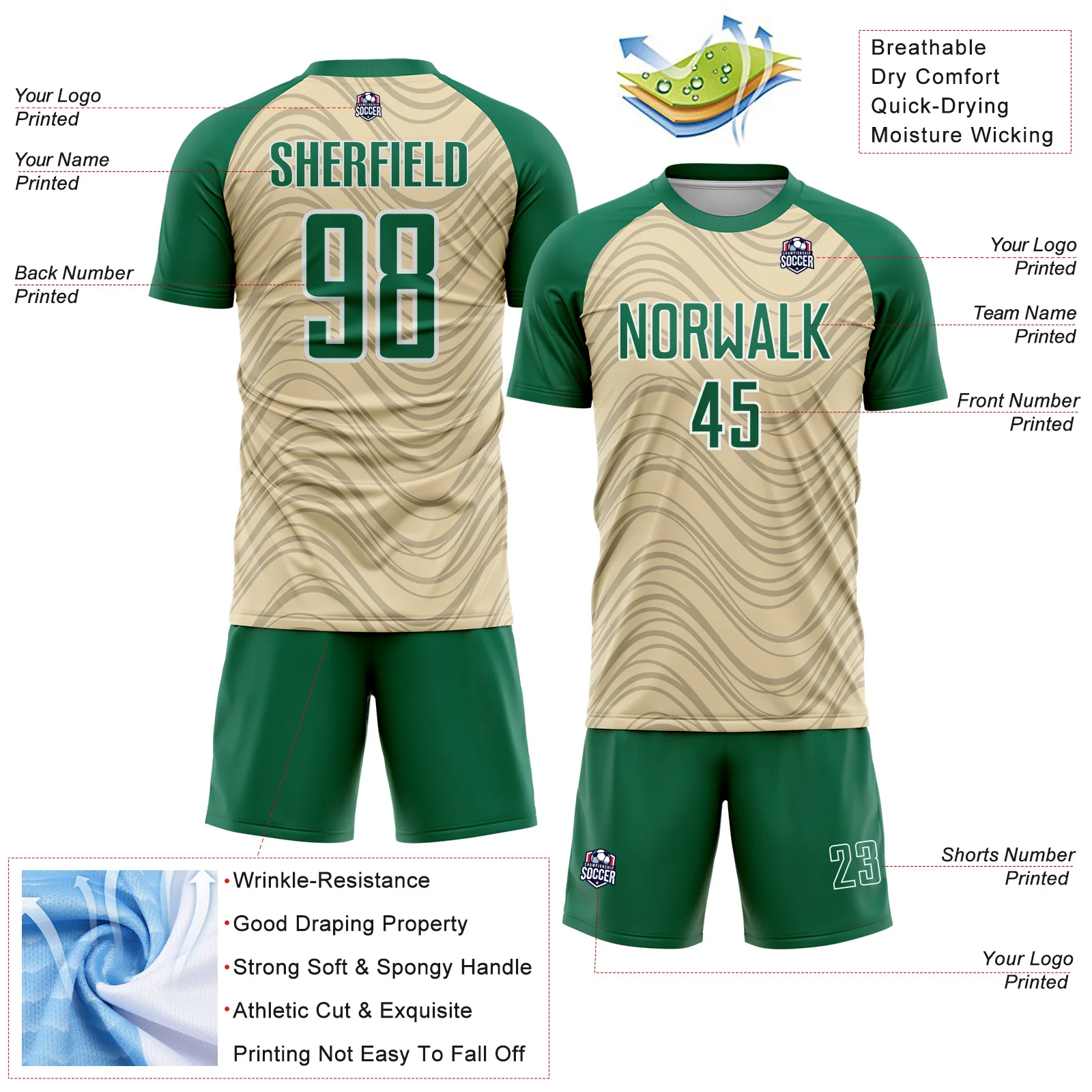 Custom Cream Kelly Green-White Wavy Lines Sports Sublimation Soccer Uniform Jersey - Image 4