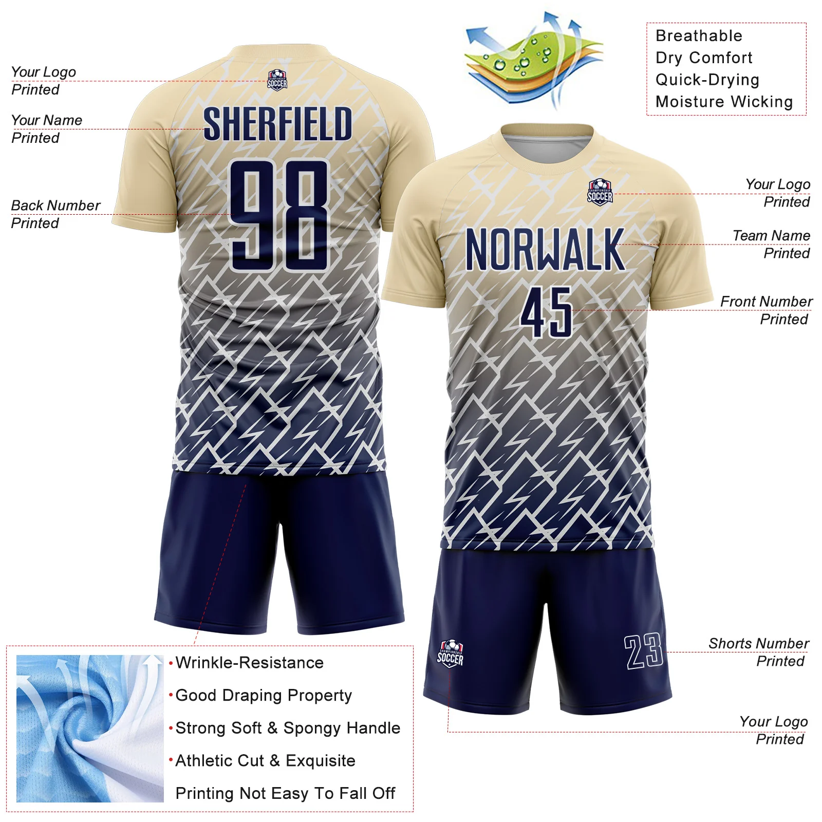Custom Cream Navy-White Lightning Sports Sublimation Soccer Uniform Jersey - Image 4