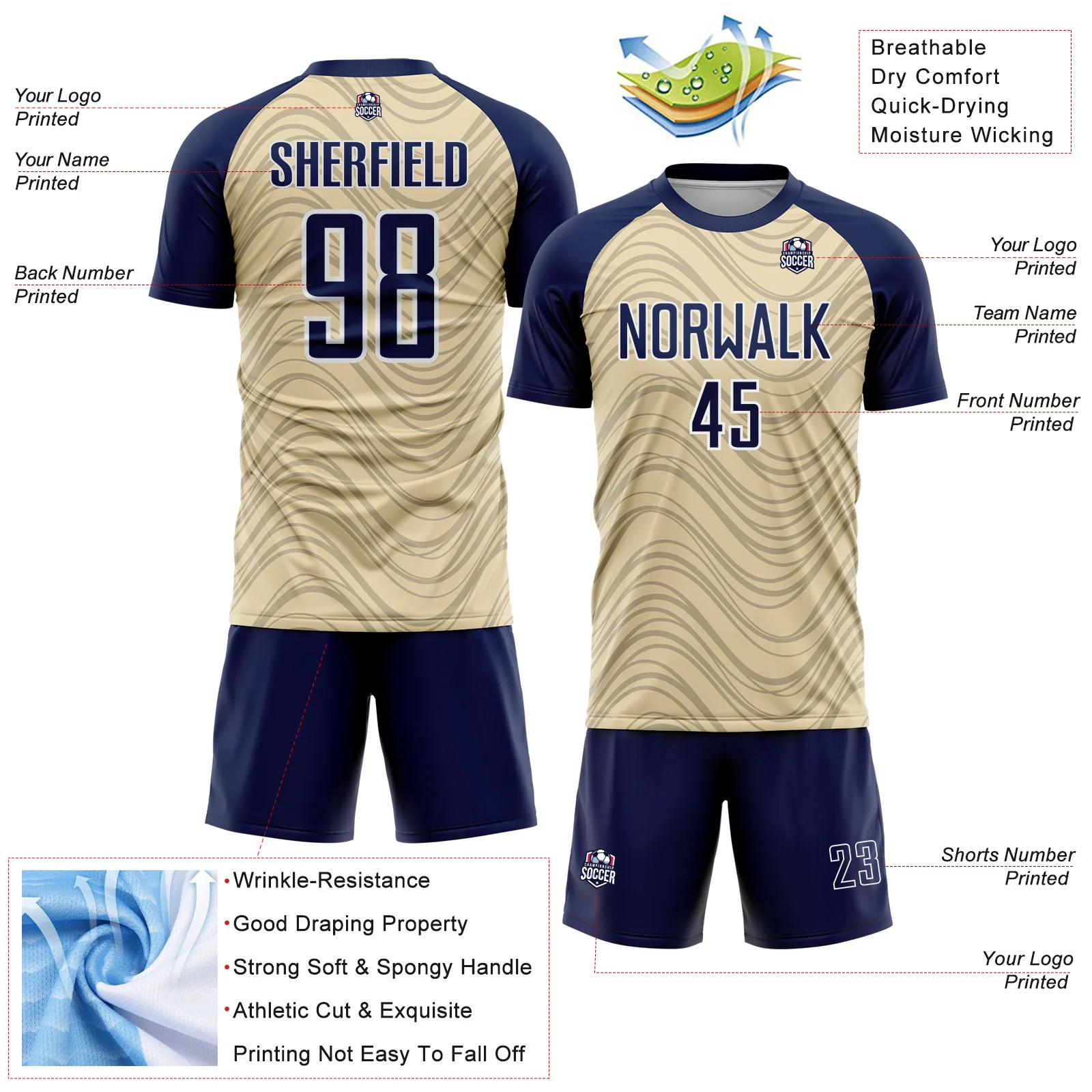 Custom Cream Navy-White Wavy Lines Sports Sublimation Soccer Uniform Jersey - Image 4