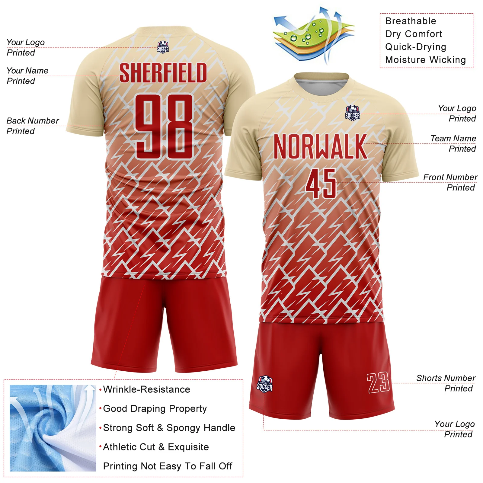 Custom Cream Red-White Lightning Sports Sublimation Soccer Uniform Jersey - Image 4