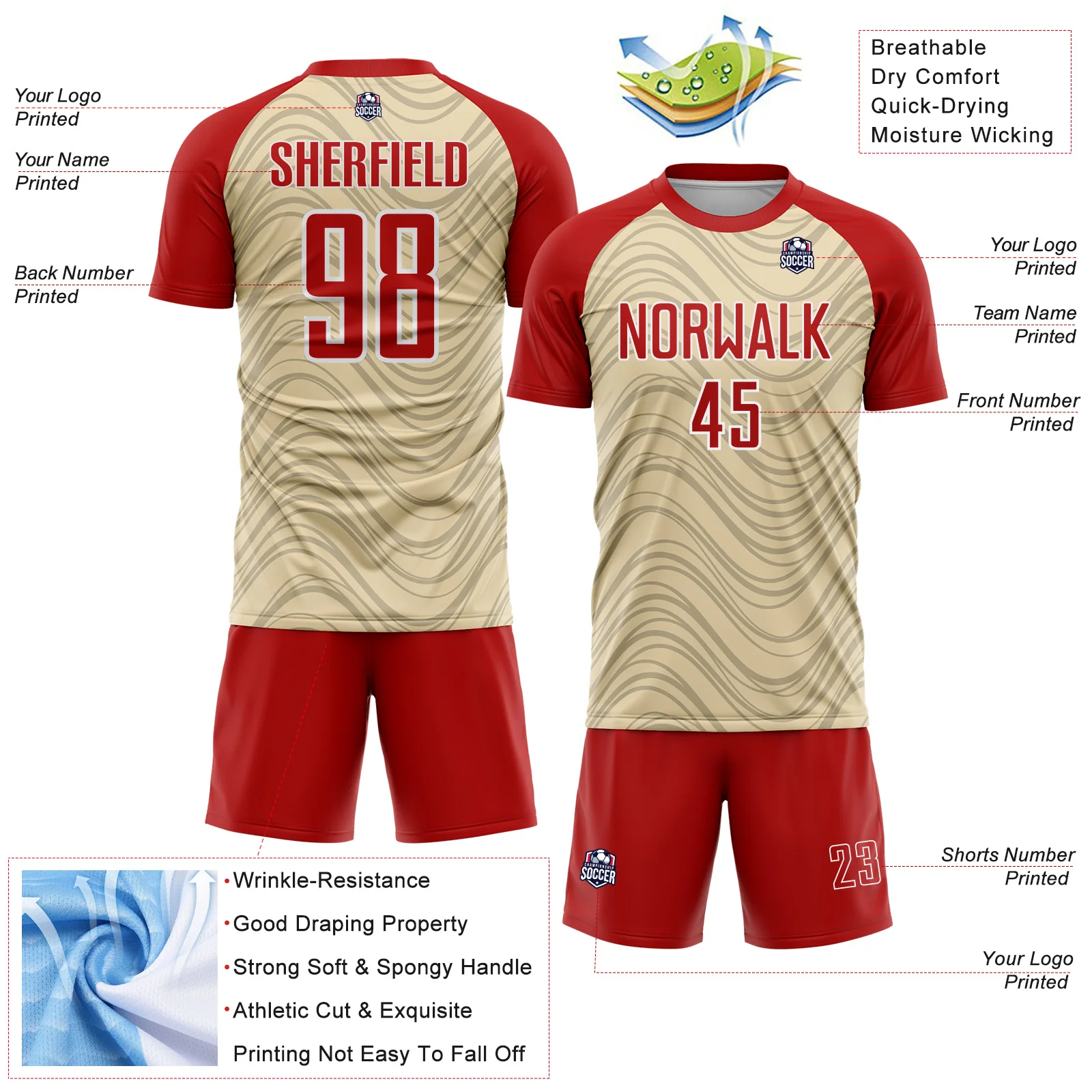 Custom Cream Red-White Wavy Lines Sports Sublimation Soccer Uniform Jersey - Image 4