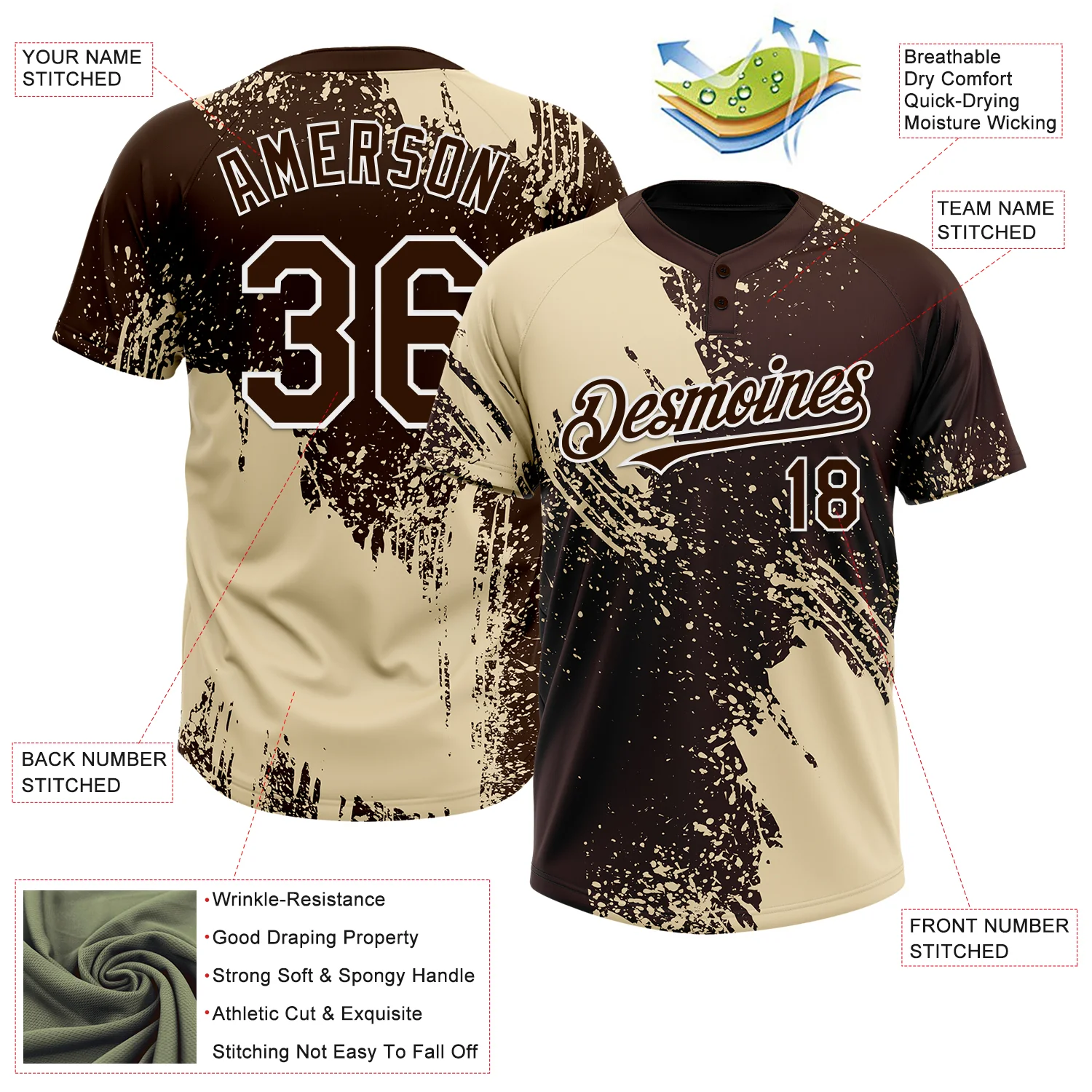 Custom Cream Brown-White 3D Pattern Abstract Brush Stroke Two-Button Unisex Softball Jersey - Image 3
