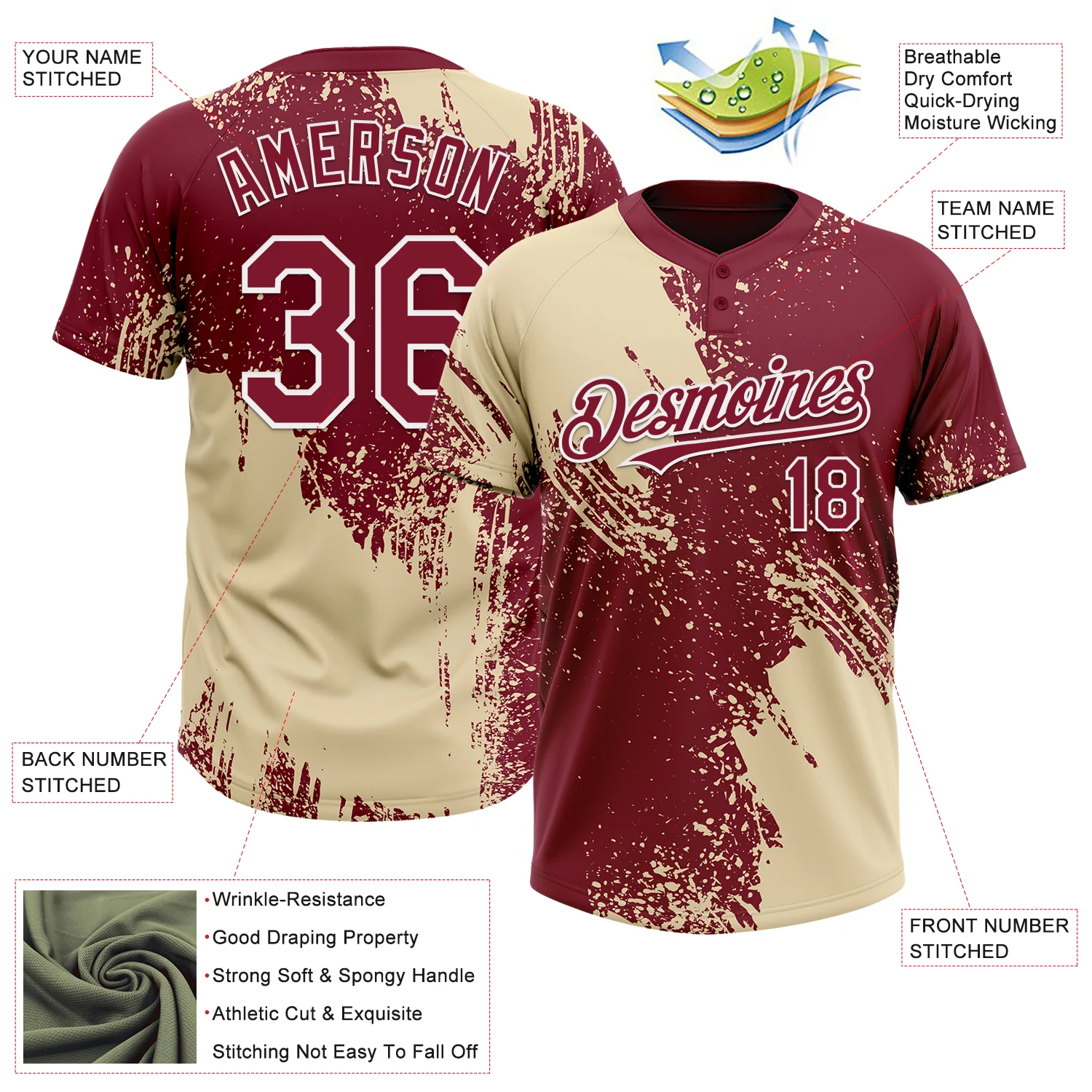 Custom Cream Crimson-White 3D Pattern Abstract Brush Stroke Two-Button Unisex Softball Jersey - Image 3