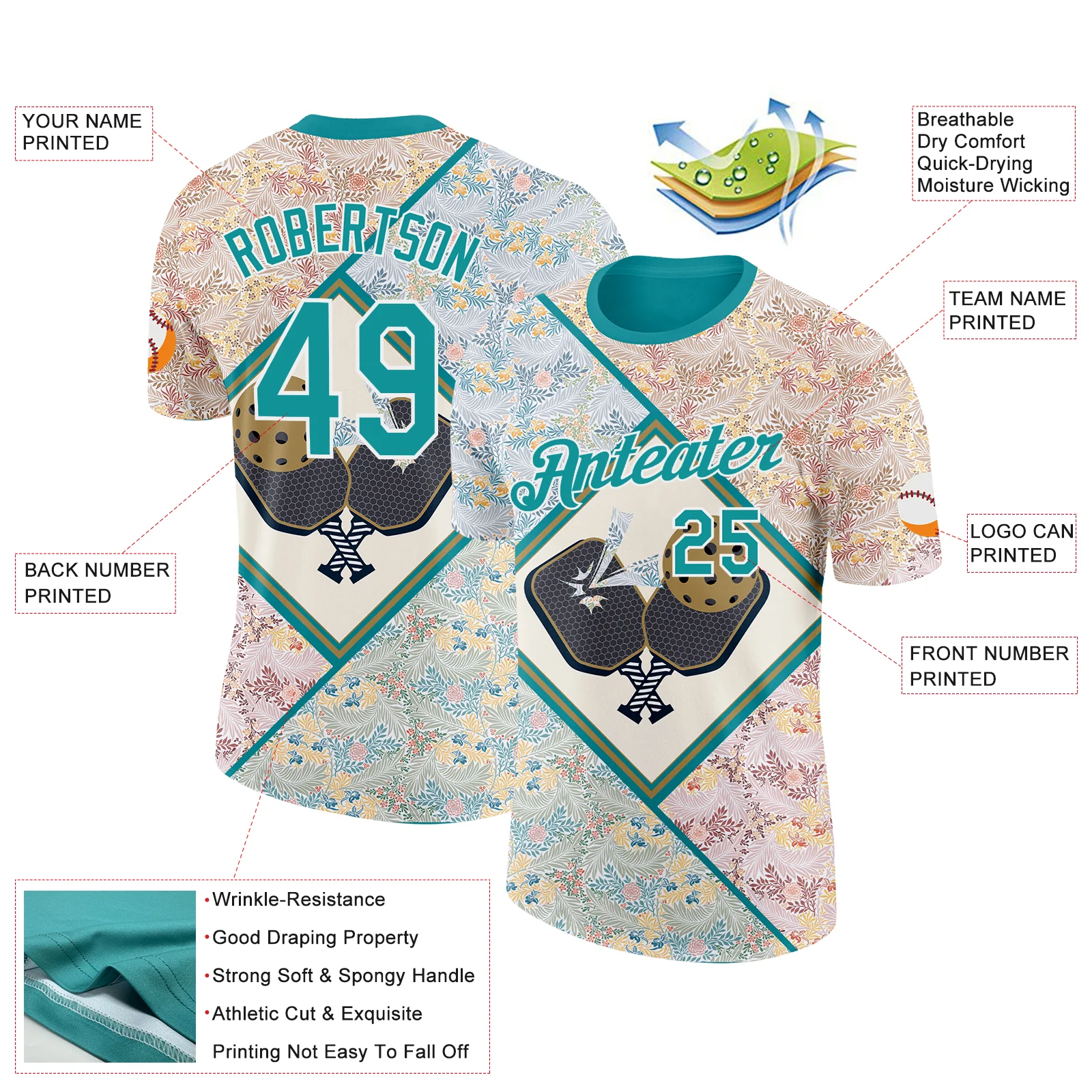 Custom Cream Teal-White 3D Pickleball Paddles Balls Floral Performance T-Shirt - Image 2