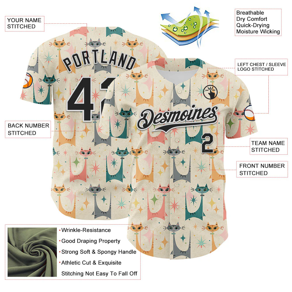 Custom Cream Black-White 3D Emi Bee MCM Cats Authentic Baseball Jersey - Image 3