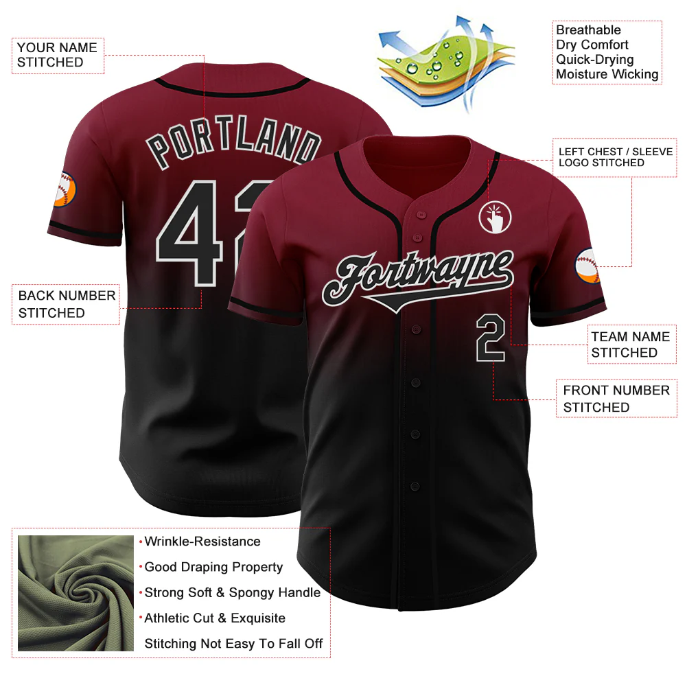 Custom Crimson Black-White Authentic Fade Fashion Baseball Jersey - Image 3