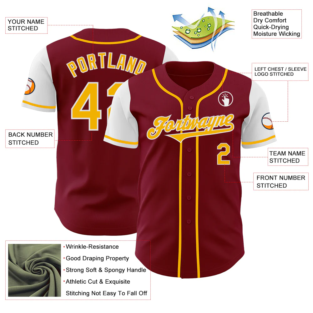 Custom Crimson Gold-White Authentic Two Tone Baseball Jersey - Image 3