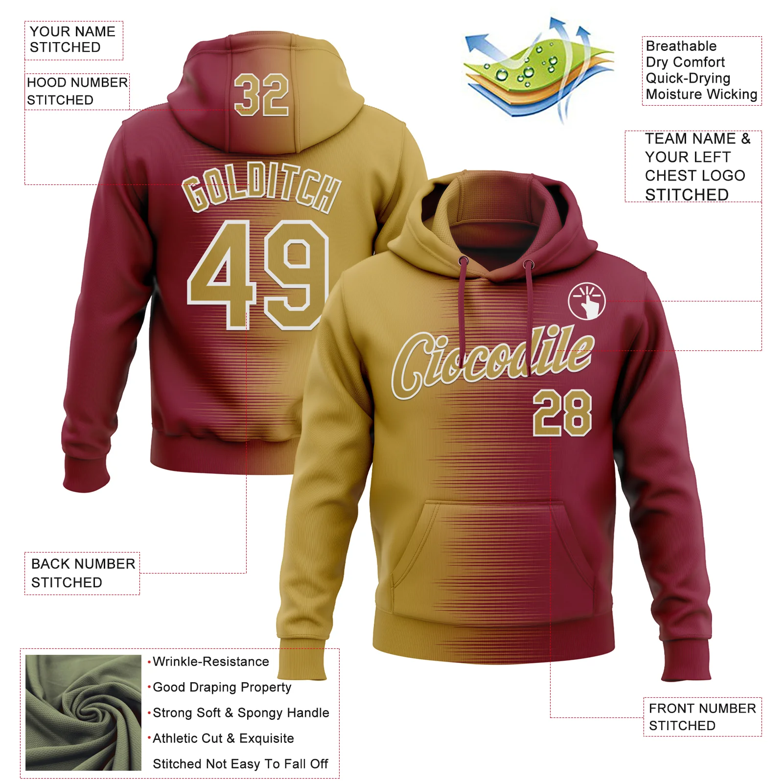 Custom Stitched Crimson Old Gold-White Gradient Line Sports Pullover Sweatshirt Hoodie - Image 4