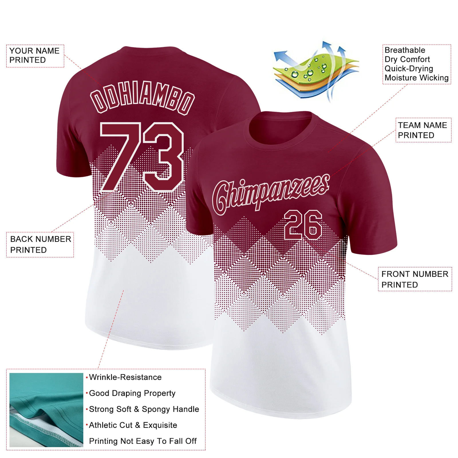 Custom Crimson White 3D Pattern Design Gradient Square Shapes Performance T-Shirt - Image 2